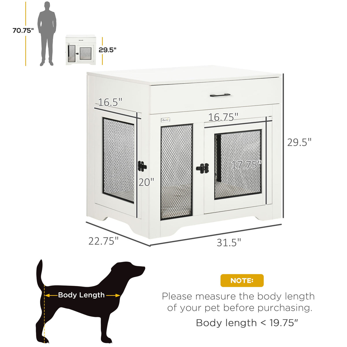 Dog Crate Furniture with Soft Water-Resistant Cushion, Dog Crate End Table with Drawer, Puppy Crate for Small Dogs Indoor with 2 Doors, White - Prioka
