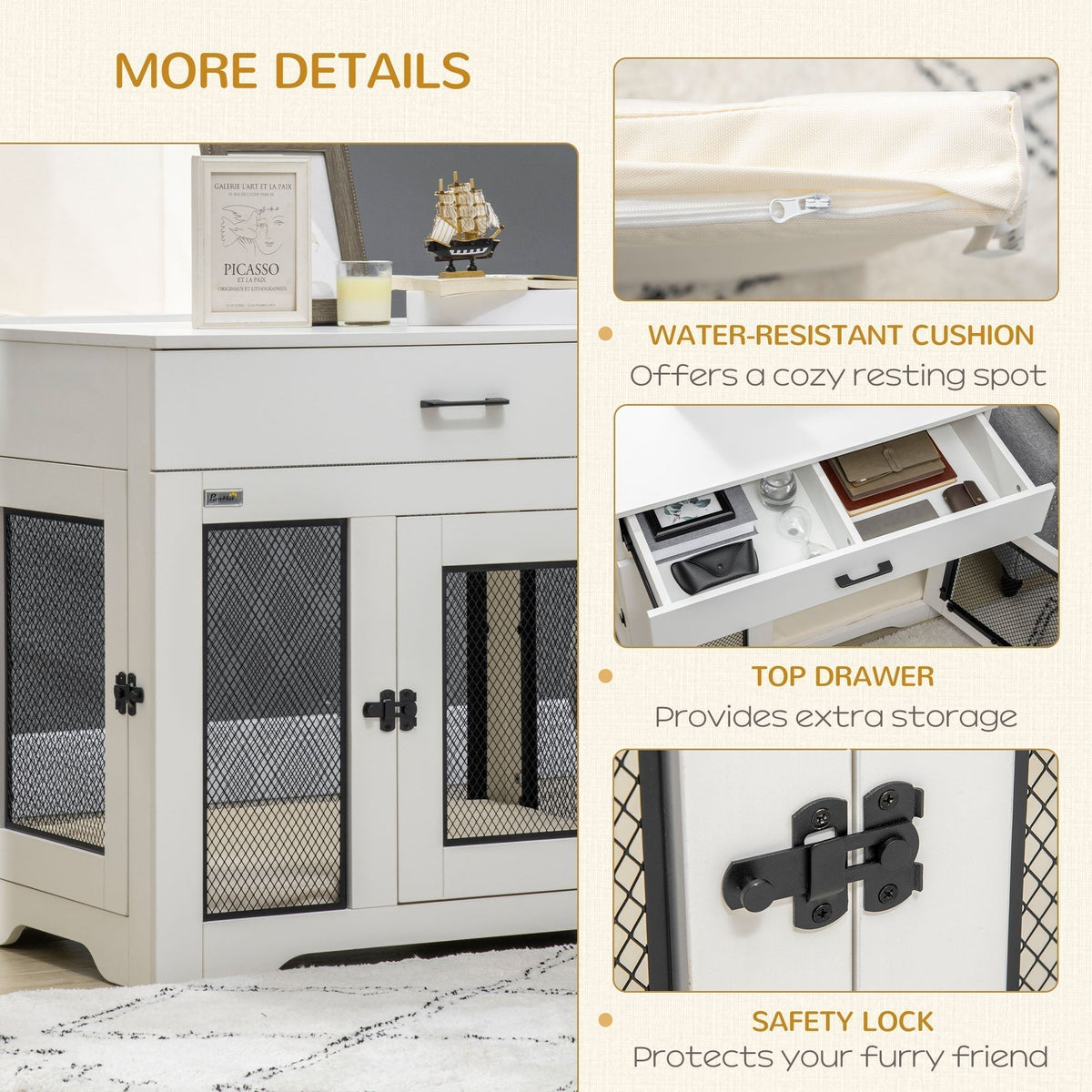 Dog Crate Furniture with Soft Water-Resistant Cushion, Dog Crate End Table with Drawer, Puppy Crate for Small Dogs Indoor with 2 Doors, White - Prioka