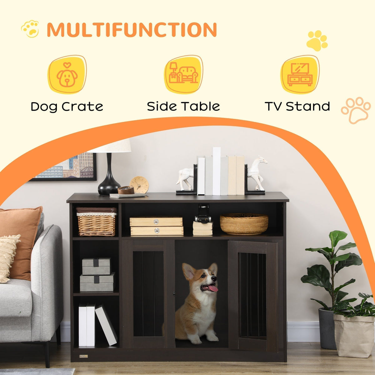 Dog Crate Furniture with Storage Space, Dog Kennel with Lockable Door, Pet Cage for Large Medium Dogs, 47" x 23.5" x 35", Brown - Prioka