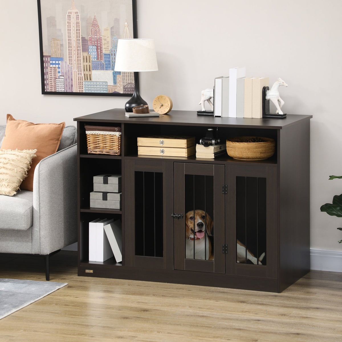 Dog Crate Furniture with Storage Space, Dog Kennel with Lockable Door, Pet Cage for Large Medium Dogs, 47" x 23.5" x 35", Brown - Prioka