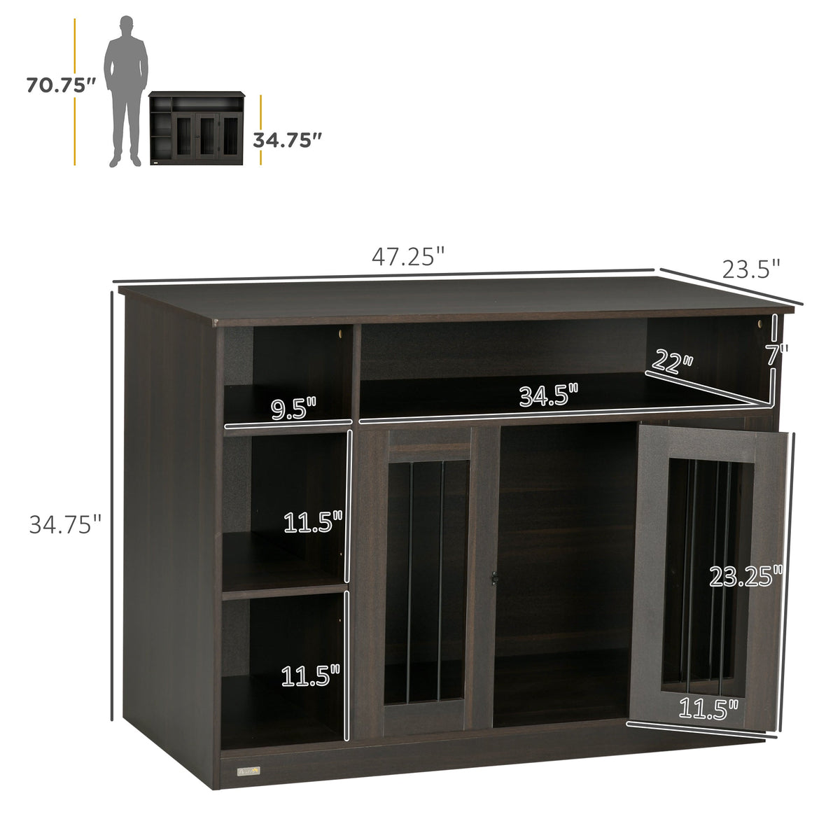 Dog Crate Furniture with Storage Space, Dog Kennel with Lockable Door, Pet Cage for Large Medium Dogs, 47" x 23.5" x 35", Brown - Prioka