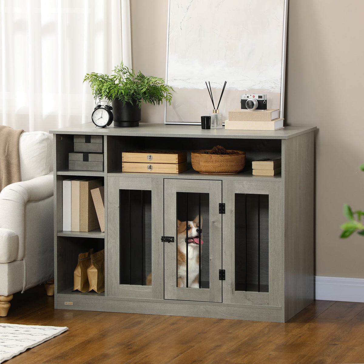 Dog Crate Furniture with Storage Space, Dog Kennel with Lockable Door, Pet Cage for Large Medium Dogs, 47" x 23.5" x 35", Gray - Prioka