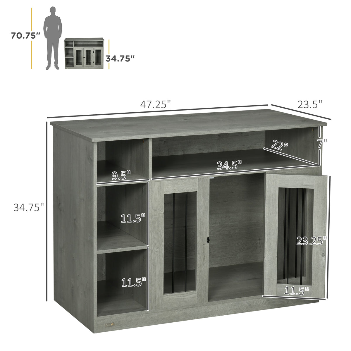 Dog Crate Furniture with Storage Space, Dog Kennel with Lockable Door, Pet Cage for Large Medium Dogs, 47" x 23.5" x 35", Gray - Prioka