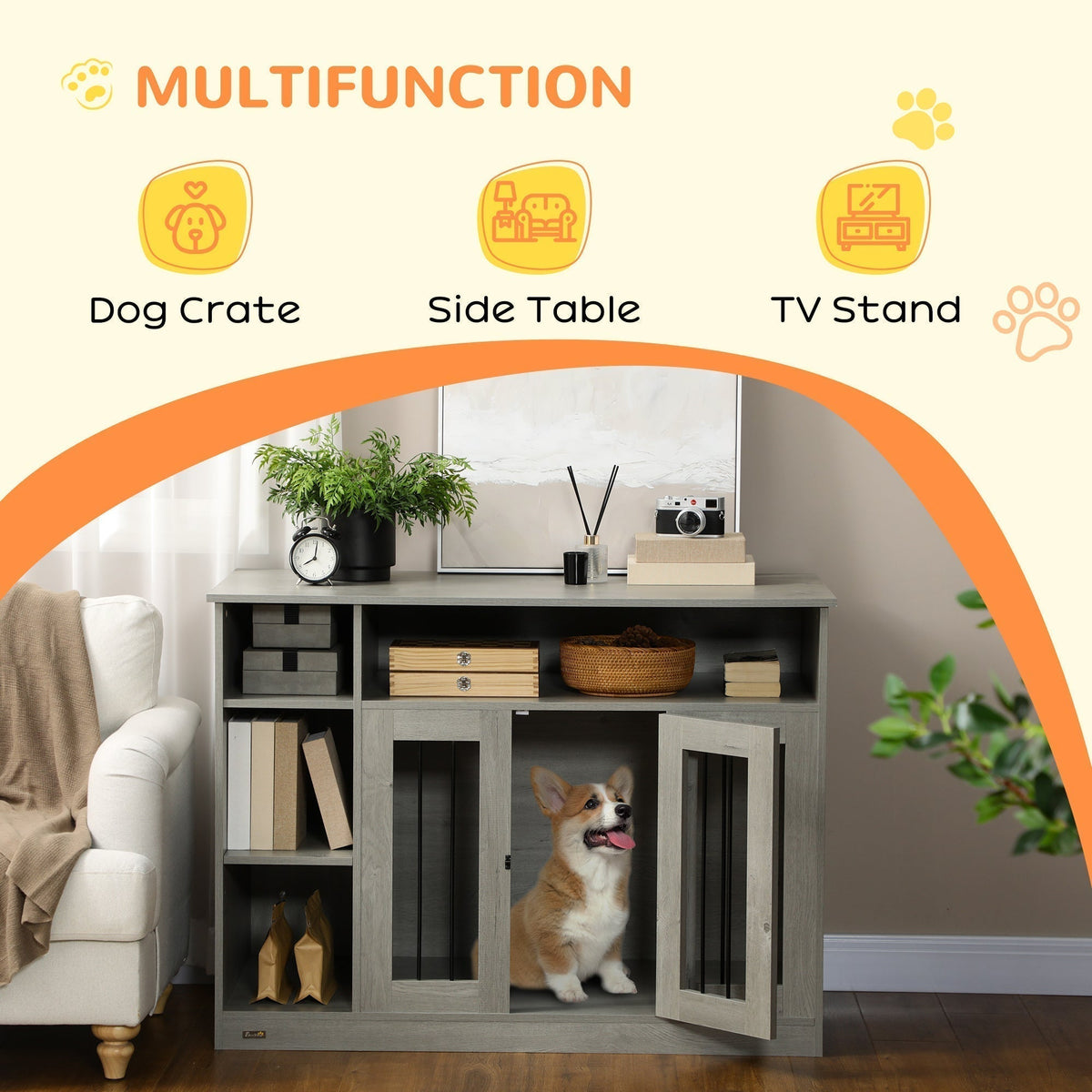 Dog Crate Furniture with Storage Space, Dog Kennel with Lockable Door, Pet Cage for Large Medium Dogs, 47" x 23.5" x 35", Gray - Prioka