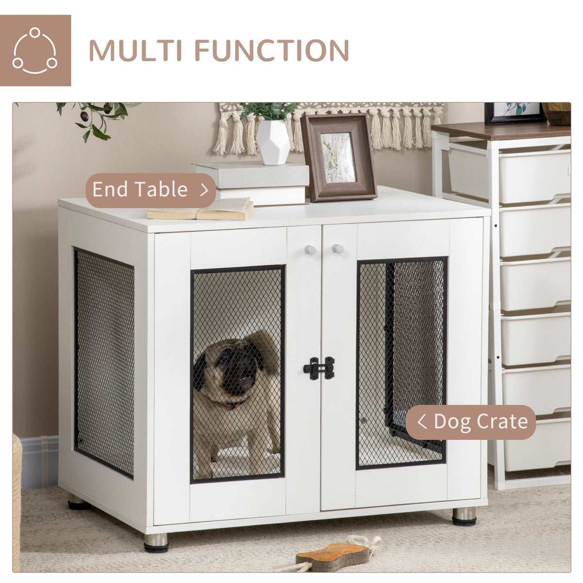 Dog Crate Furniture with Water-resistant Cushion, Dog Crate End Table with Double Doors, Indoor Pet Crate for Small Medium Dogs, White - Prioka