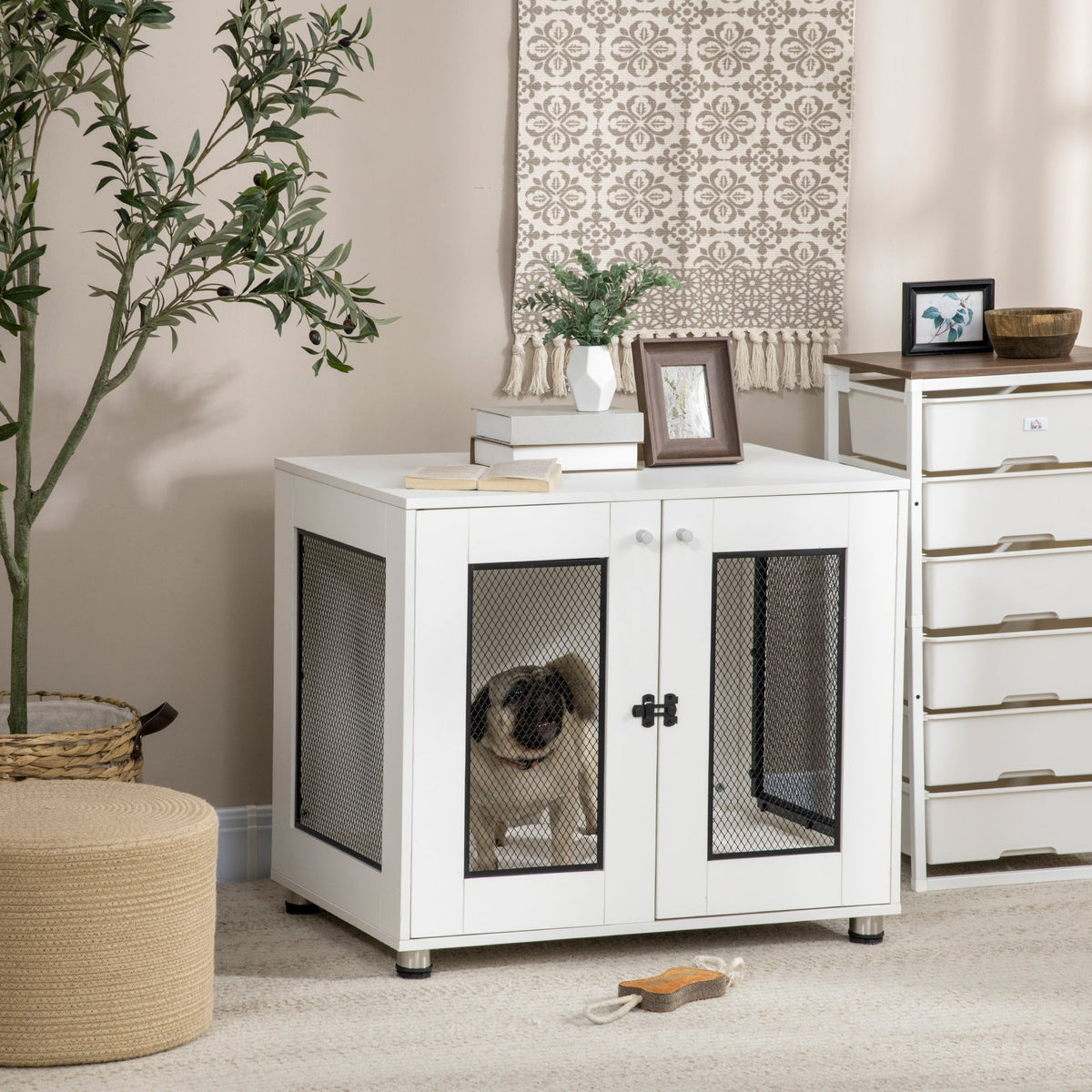 Dog Crate Furniture with Water-resistant Cushion, Dog Crate End Table with Double Doors, Indoor Pet Crate for Small Medium Dogs, White - Prioka