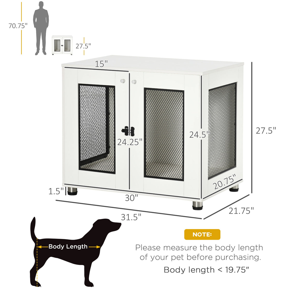 Dog Crate Furniture with Water-resistant Cushion, Dog Crate End Table with Double Doors, Indoor Pet Crate for Small Medium Dogs, White - Prioka