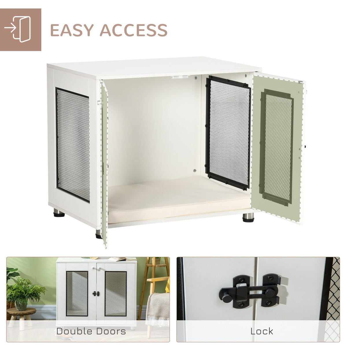 Dog Crate Furniture with Water-resistant Cushion, Dog Crate End Table with Double Doors, Indoor Pet Crate for Small Medium Dogs, White - Prioka