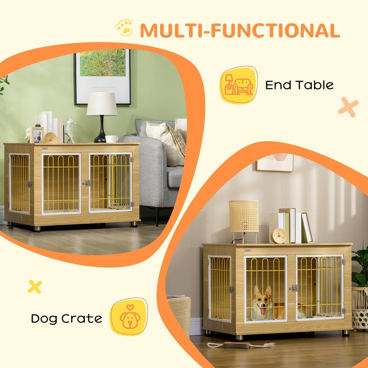 Dog Crate Side End Table Indoor with Soft Cushion, Double Doors, for Medium Large Dogs - Prioka
