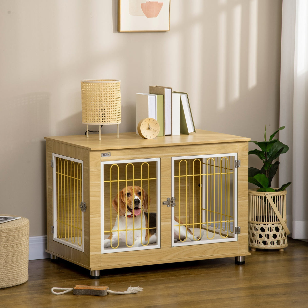 Dog Crate Side End Table Indoor with Soft Cushion, Double Doors, for Medium Large Dogs - Prioka
