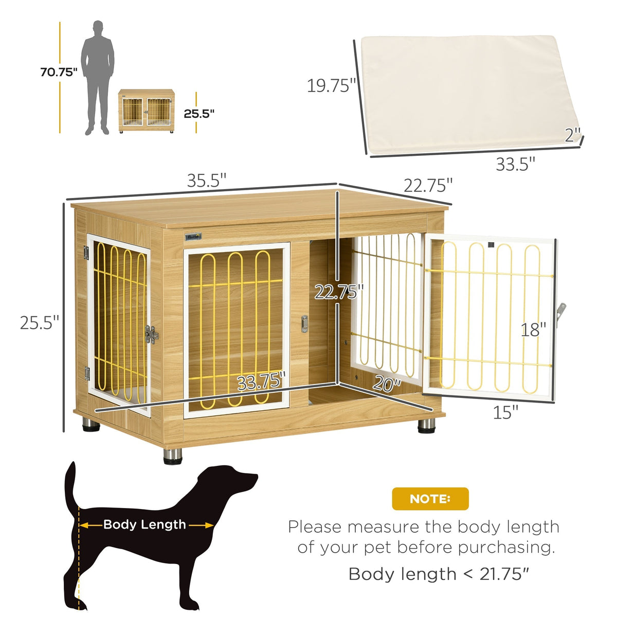 Dog Crate Side End Table Indoor with Soft Cushion, Double Doors, for Medium Large Dogs - Prioka