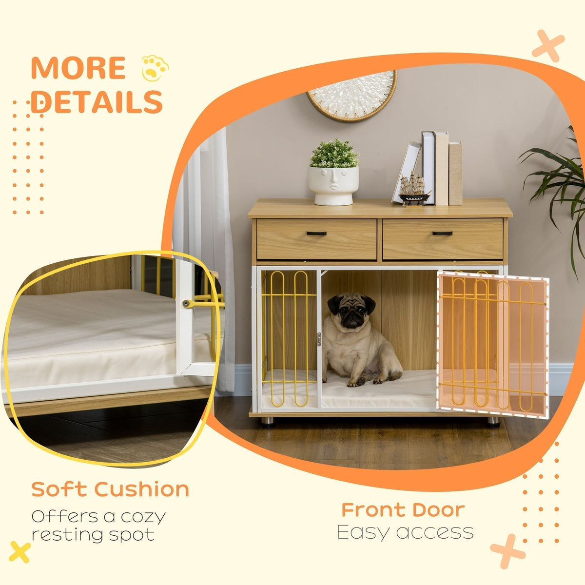 Dog Crate with Drawers, Soft Cushion, Lockable Door, for Small and Medium Dogs, Oak - Prioka