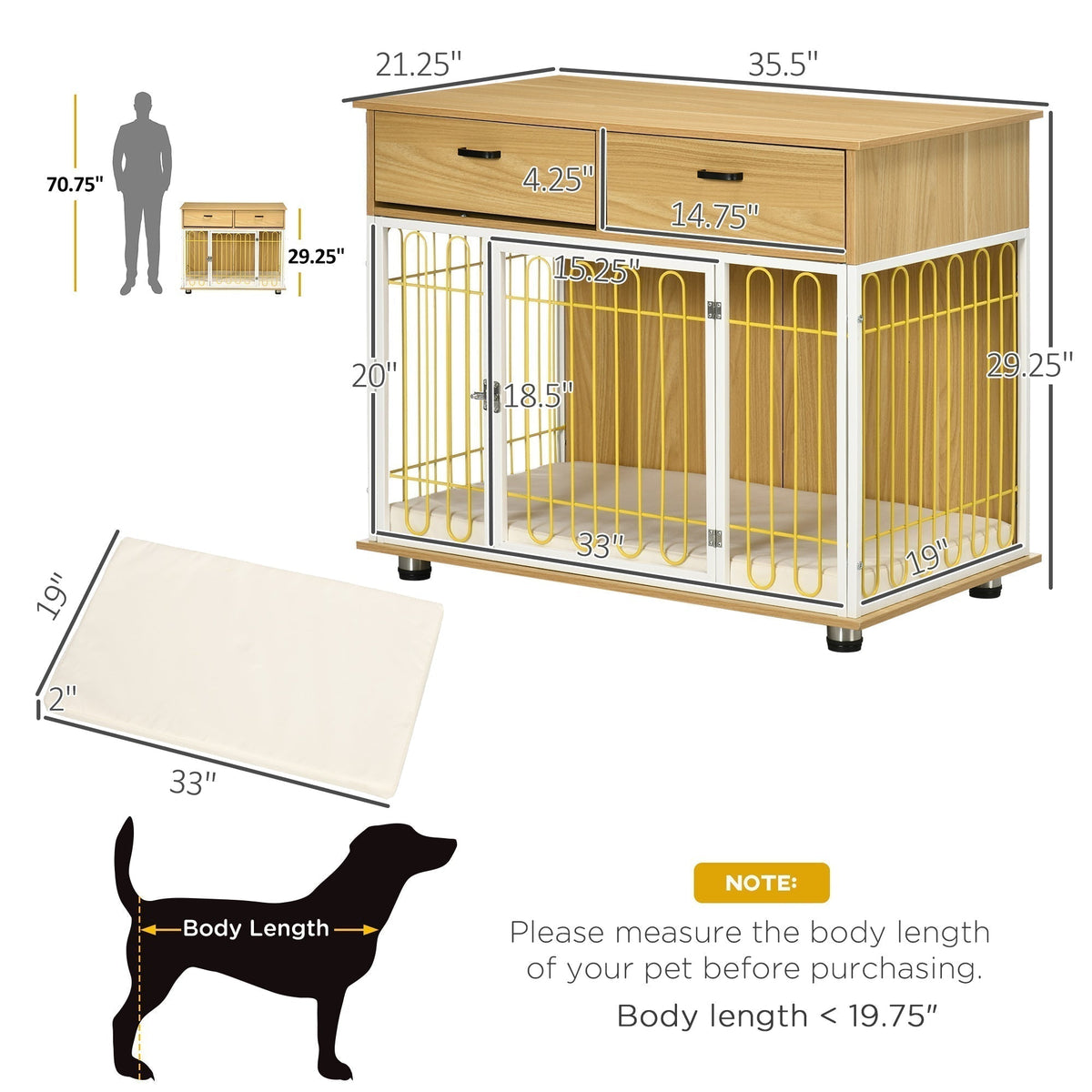 Dog Crate with Drawers, Soft Cushion, Lockable Door, for Small and Medium Dogs, Oak - Prioka