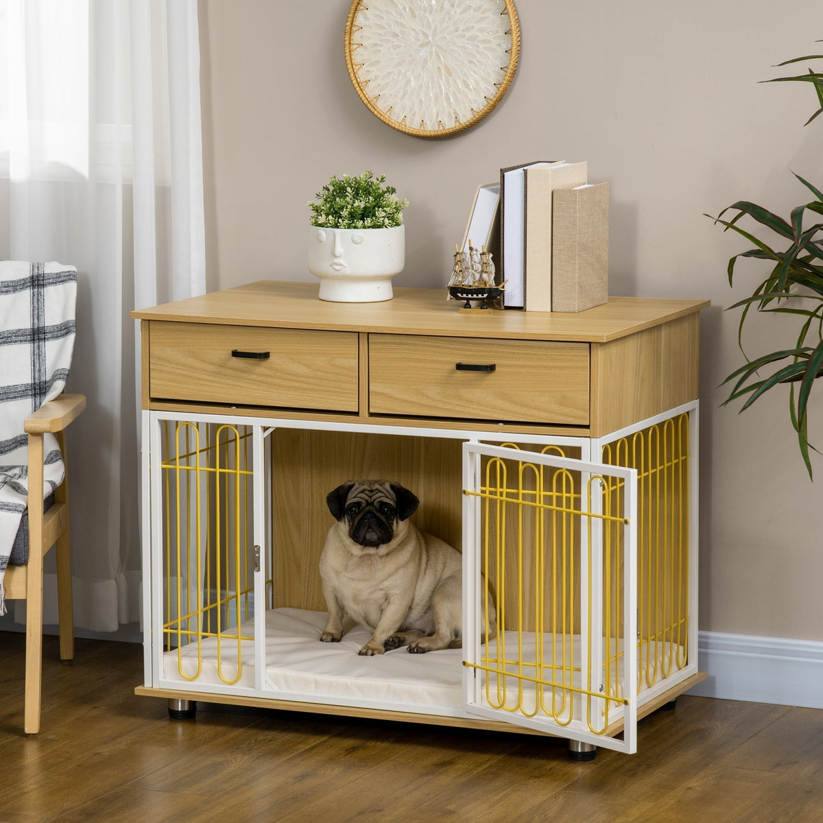 Dog Crate with Drawers, Soft Cushion, Lockable Door, for Small and Medium Dogs, Oak - Prioka