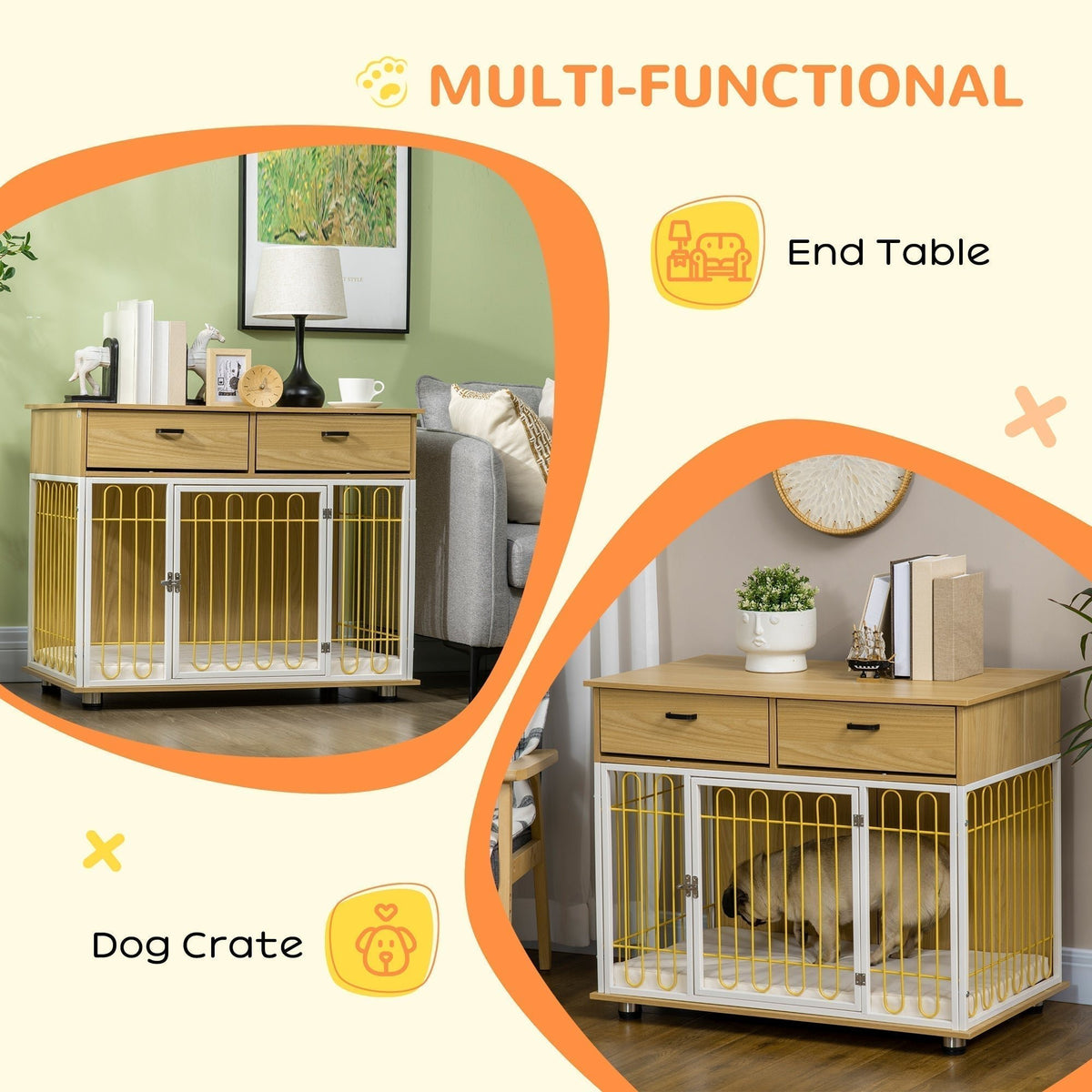 Dog Crate with Drawers, Soft Cushion, Lockable Door, for Small and Medium Dogs, Oak - Prioka