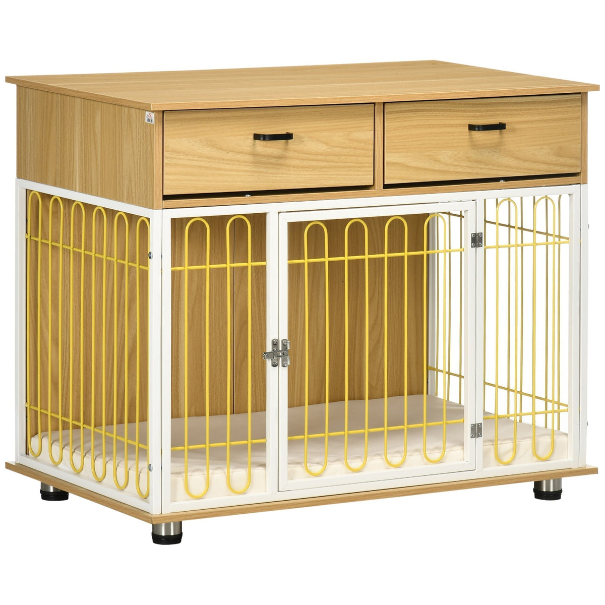 Dog Crate with Drawers, Soft Cushion, Lockable Door, for Small and Medium Dogs, Oak - Prioka