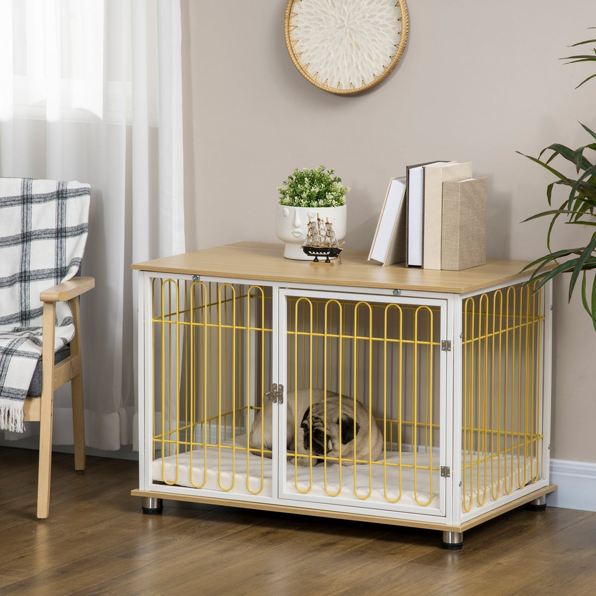 Dog Crate with Soft Washable Cushion, Lockable Front Door, for Small Medium Dogs, Oak - Prioka