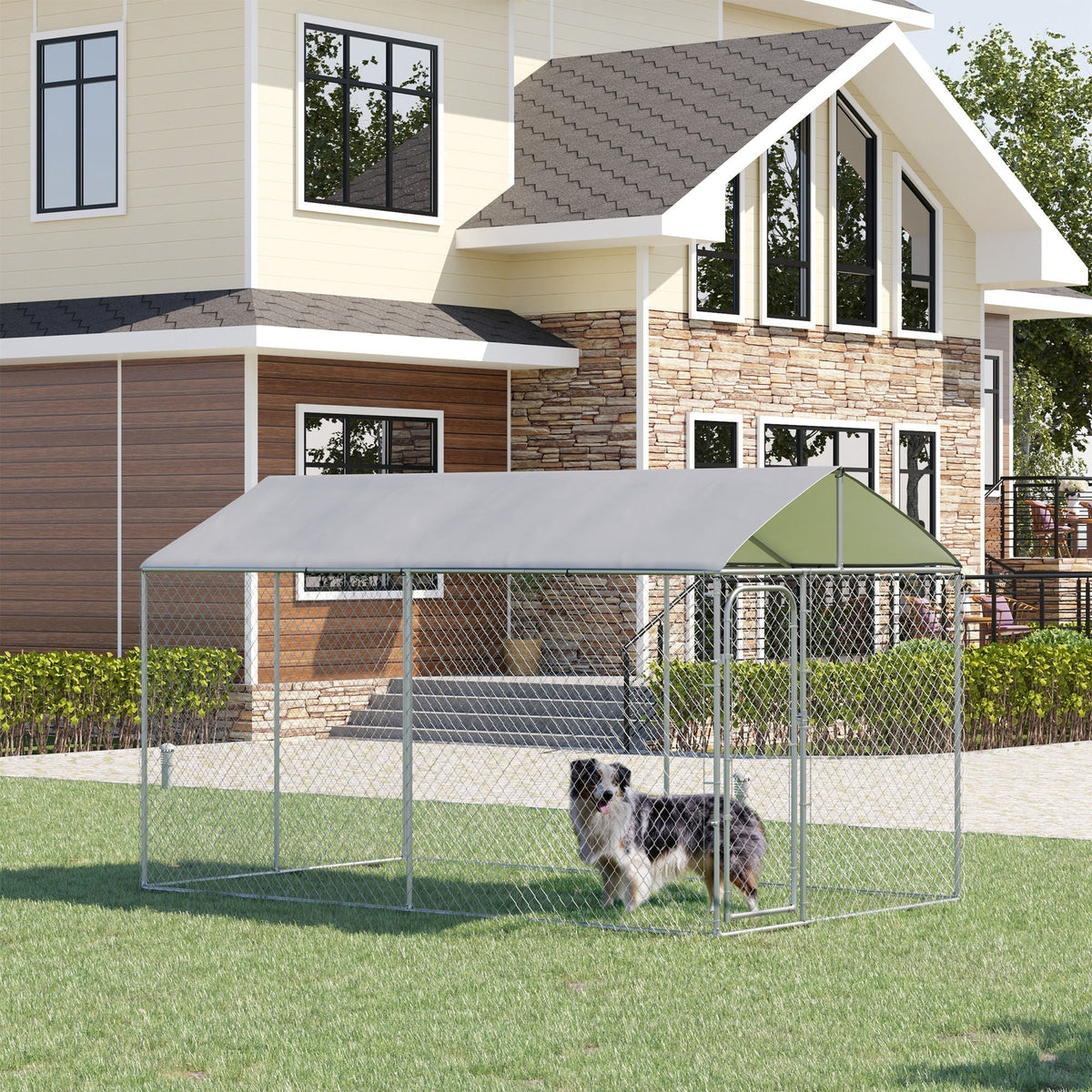 Dog Kennel Heavy Duty Playpen with Galvanized Steel Secure Lock Mesh Sidewalls and Waterproof Cover for Backyard & Patio, 13' x 7.5' x 7.5' - Prioka