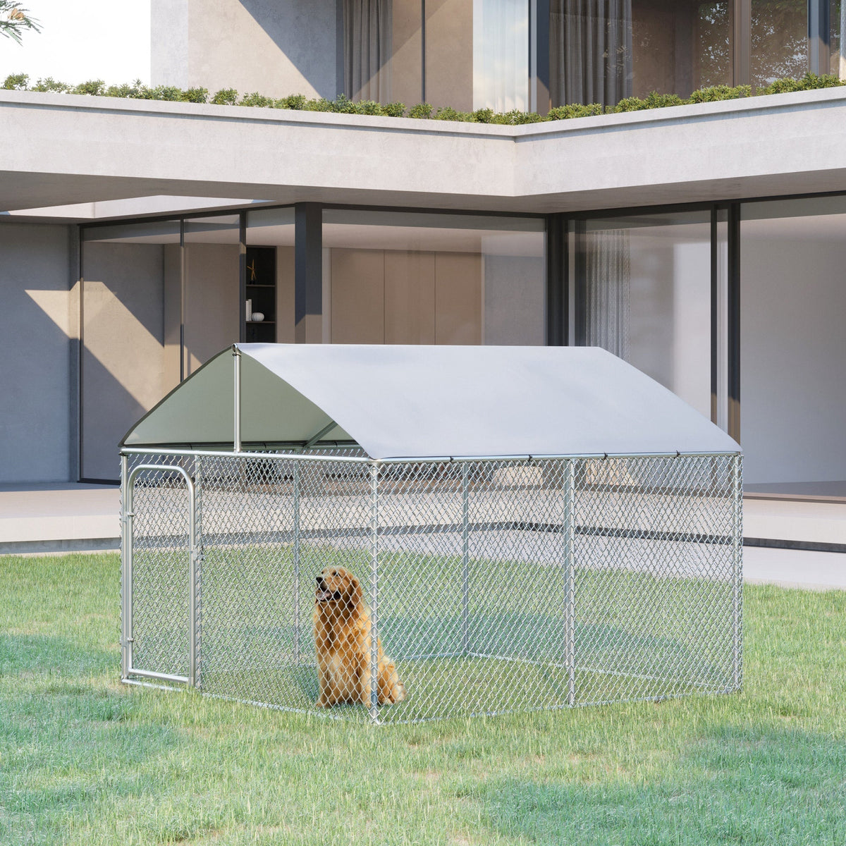 Dog Kennel Outdoor Heavy Duty Playpen with Galvanized Steel Secure Lock Mesh Sidewalls and Waterproof Cover for Backyard & Patio - Prioka