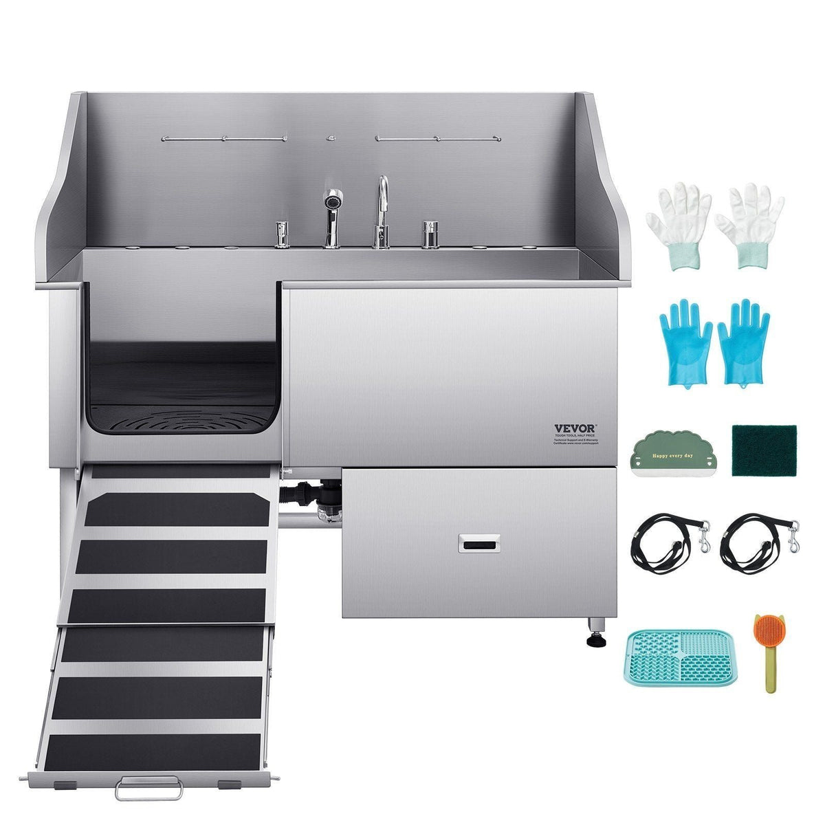 61″ Stainless Steel Dog Grooming Bath Tub, Built-in Ramp & Water Filter, Left-Side Faucet Setup, DOBA-DT61L