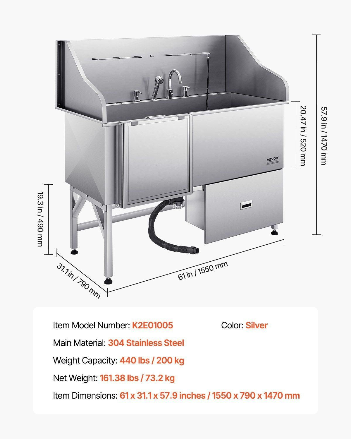 61″ Stainless Steel Dog Grooming Bath Tub, Built-in Ramp & Water Filter, Left-Side Faucet Setup, DOBA-DT61L