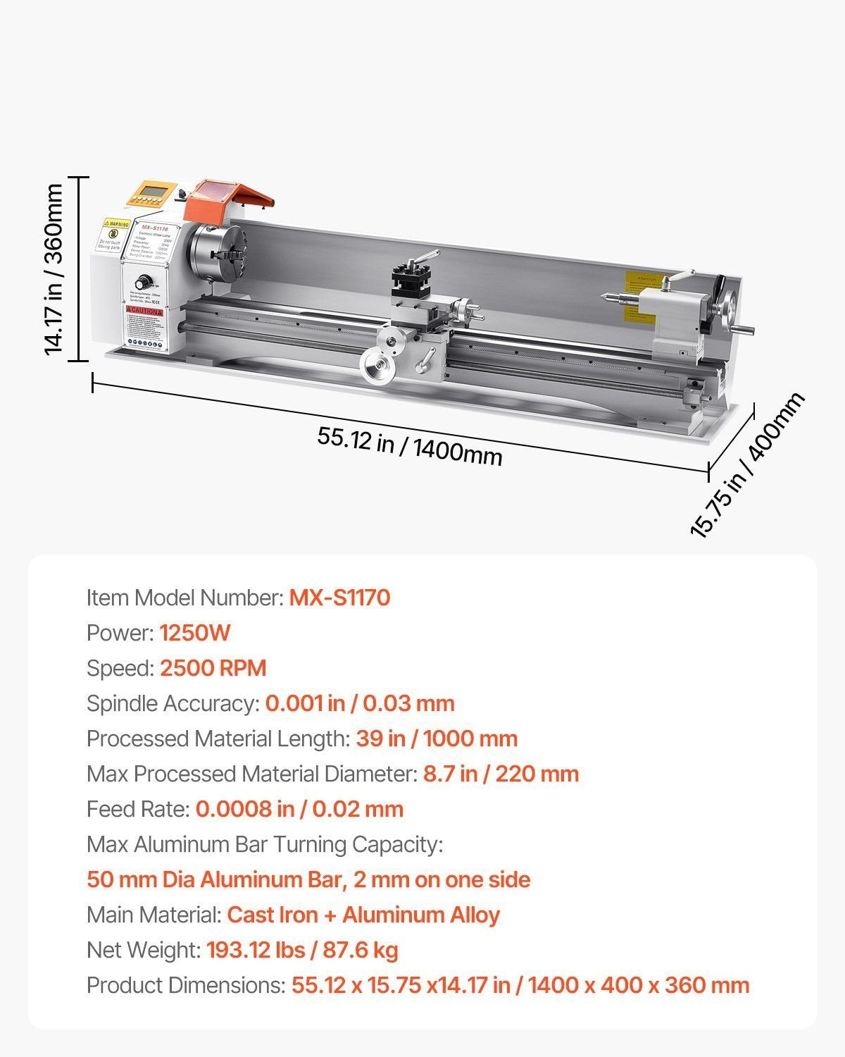 Metal Lathe Machine 8.7 x 39 in Precision Bench Power Metal Lathe Automatic Feed