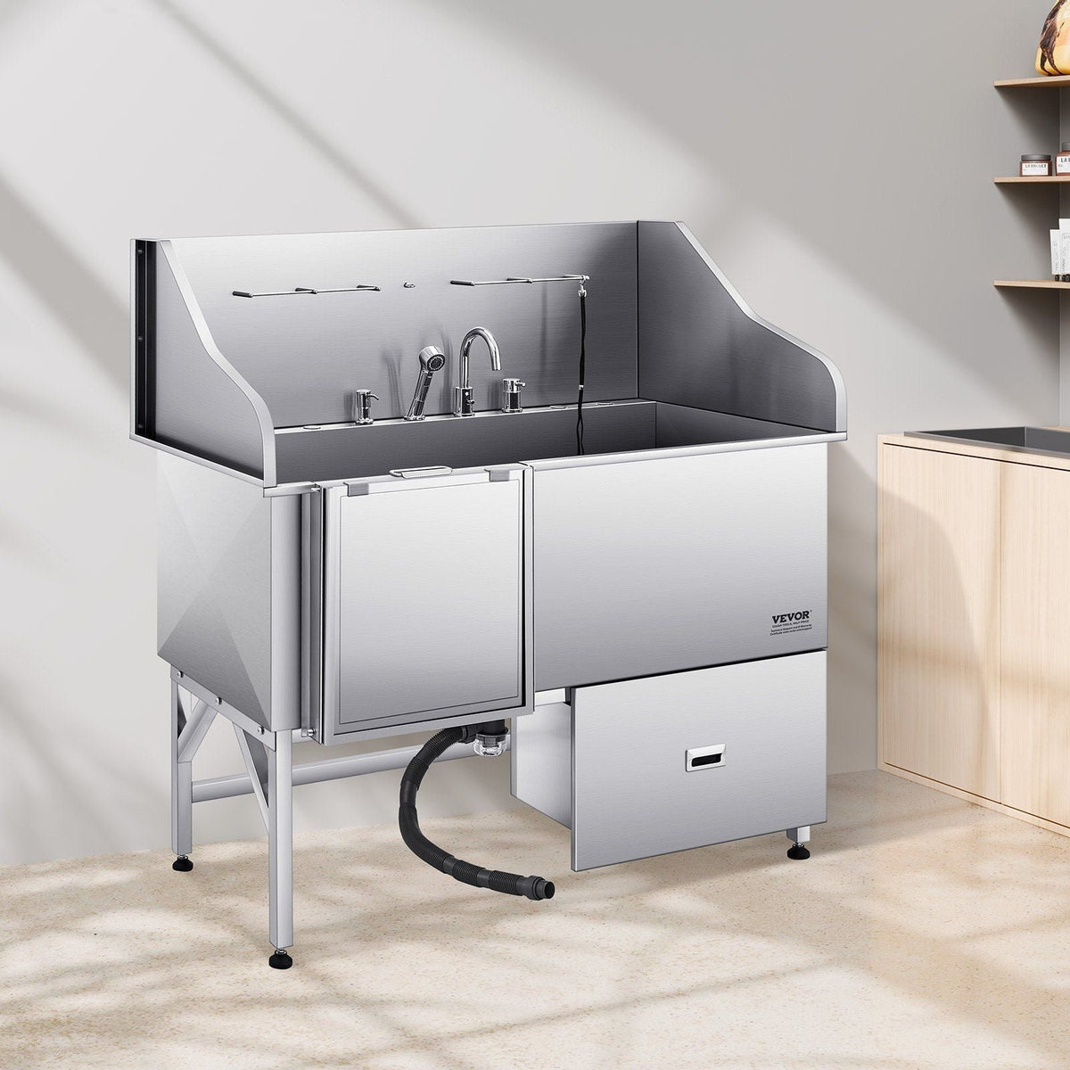 61″ Stainless Steel Dog Grooming Bath Tub, Built-in Ramp & Water Filter, Left-Side Faucet Setup, DOBA-DT61L
