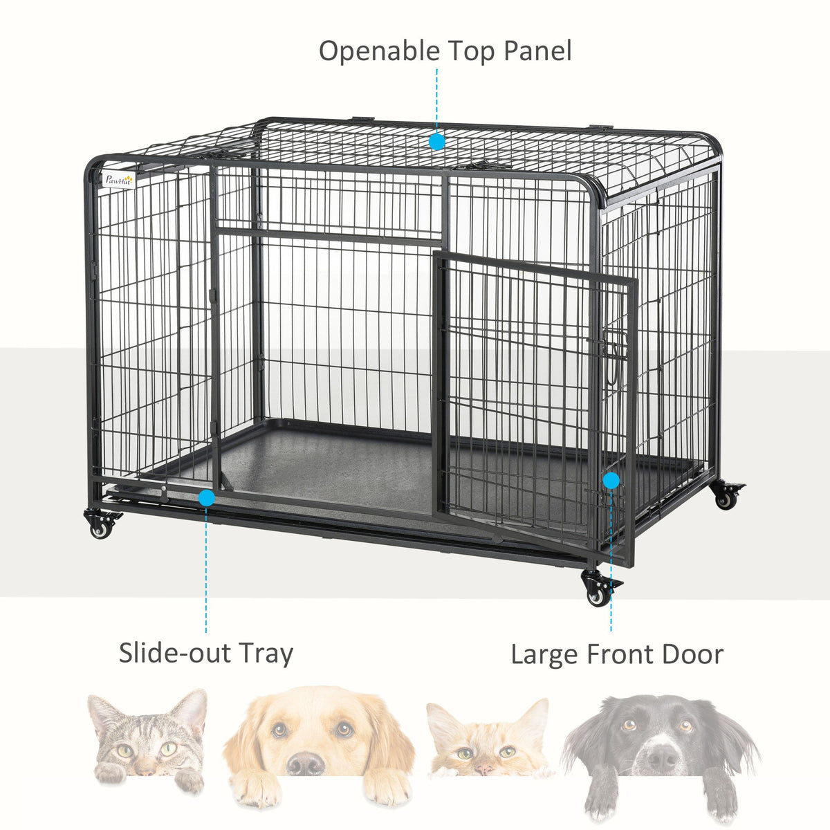 Folding Design Heavy Duty Metal Dog Cage Crate & Kennel with Removable Tray and Cover, & 4 Locking Wheels, Indoor/Outdoor 49" - Prioka