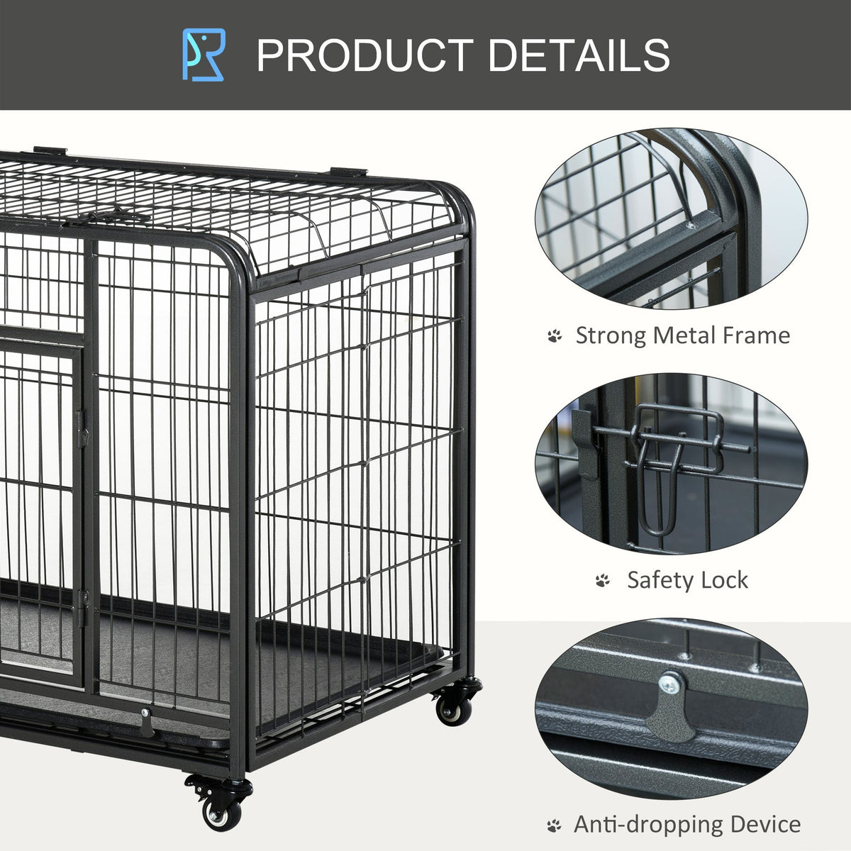 Folding Design Heavy Duty Metal Dog Cage Crate & Kennel with Removable Tray and Cover, & 4 Locking Wheels, Indoor/Outdoor 49" - Prioka