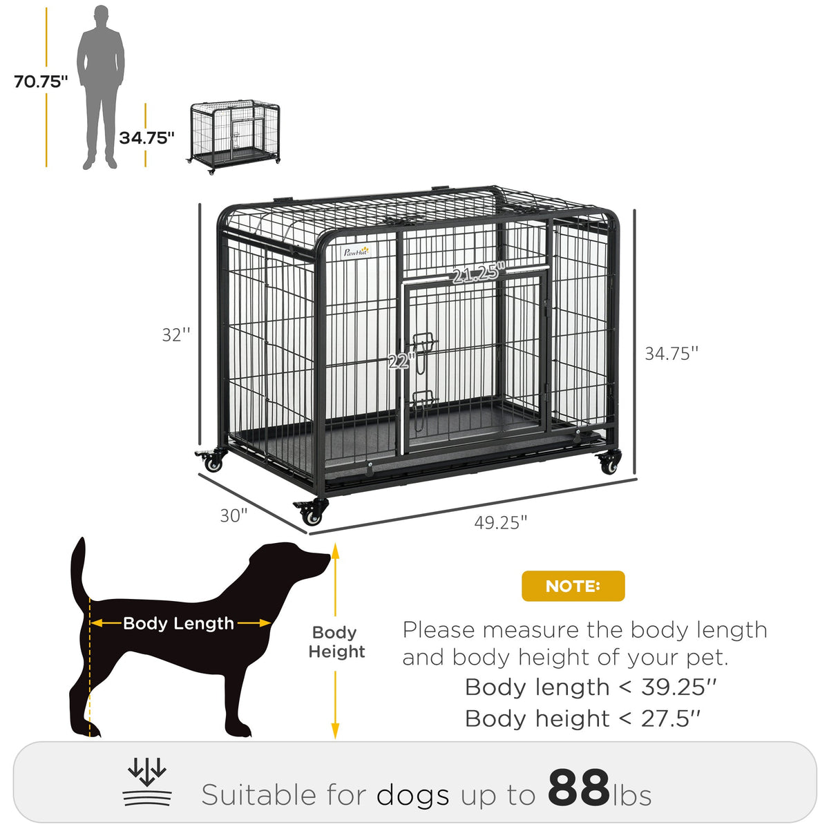 Folding Design Heavy Duty Metal Dog Cage Crate & Kennel with Removable Tray and Cover, & 4 Locking Wheels, Indoor/Outdoor 49" - Prioka