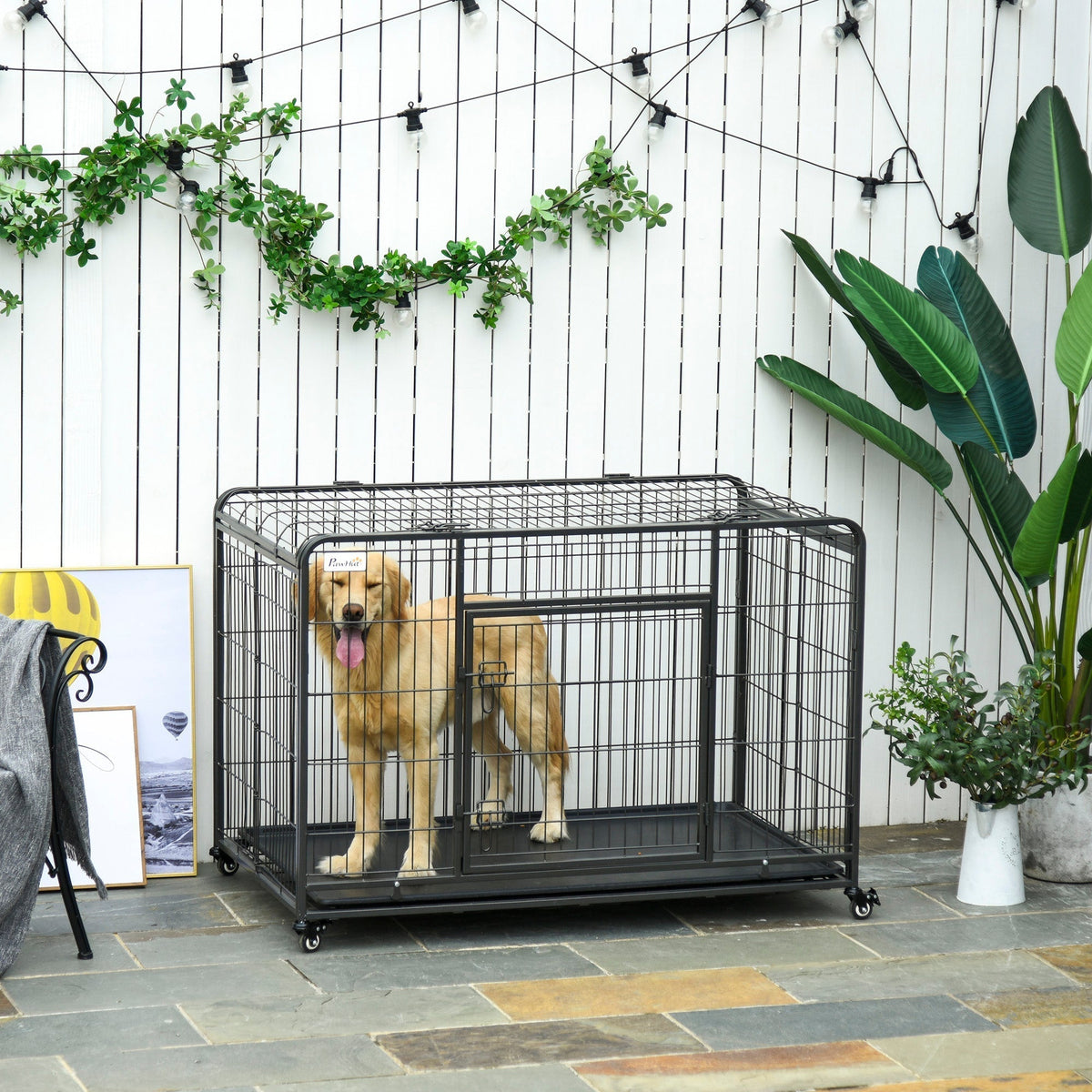 Folding Design Heavy Duty Metal Dog Cage Crate & Kennel with Removable Tray and Cover, & 4 Locking Wheels, Indoor/Outdoor 49" - Prioka