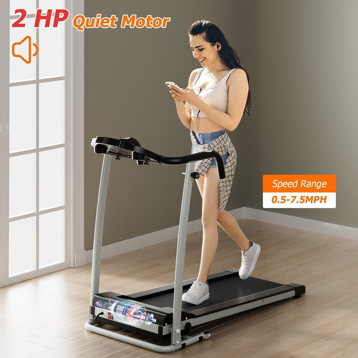 Folding Treadmill, Electric Running Machine with LED Display and Mobile Phone Holder - Prioka