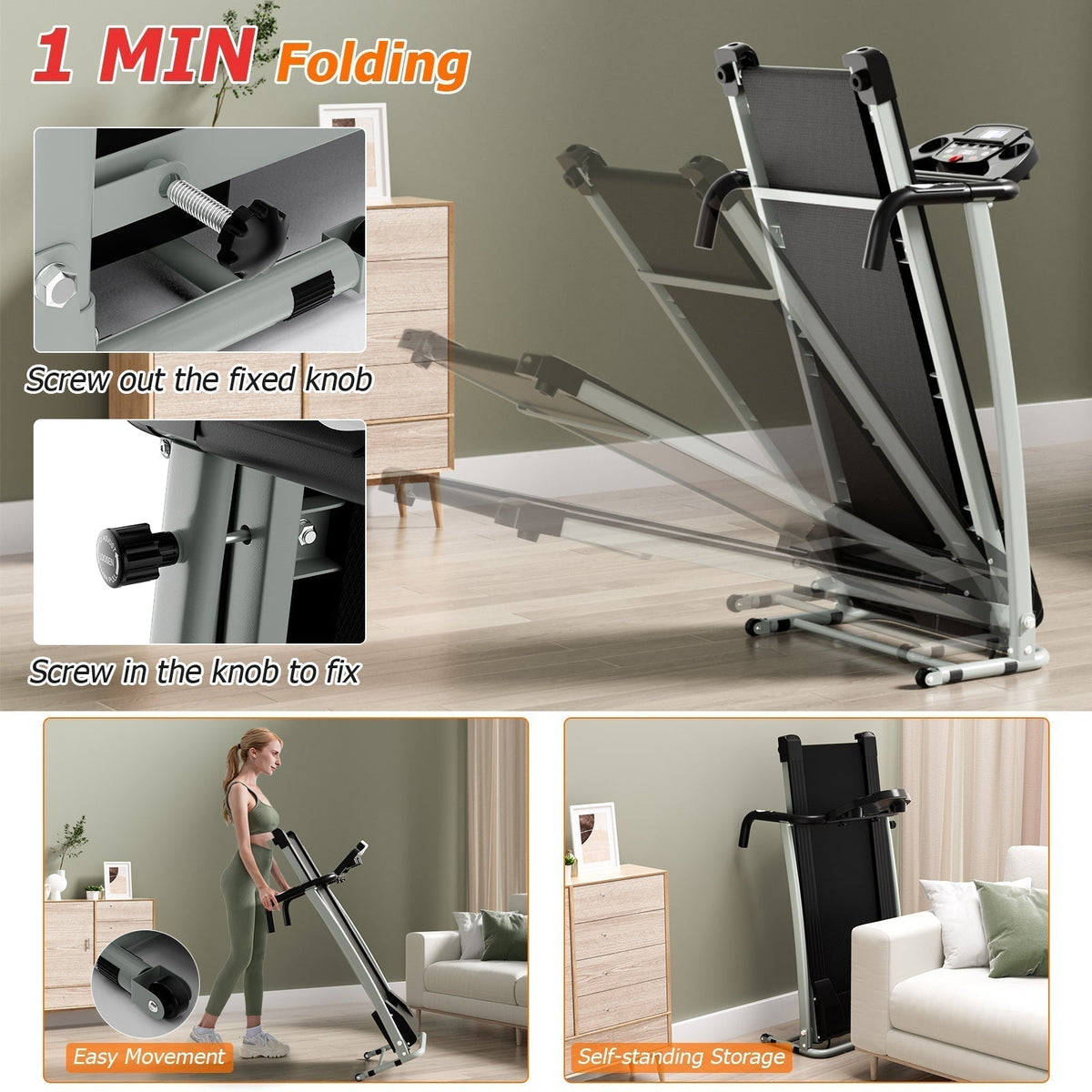 Folding Treadmill, Electric Running Machine with LED Display and Mobile Phone Holder - Prioka