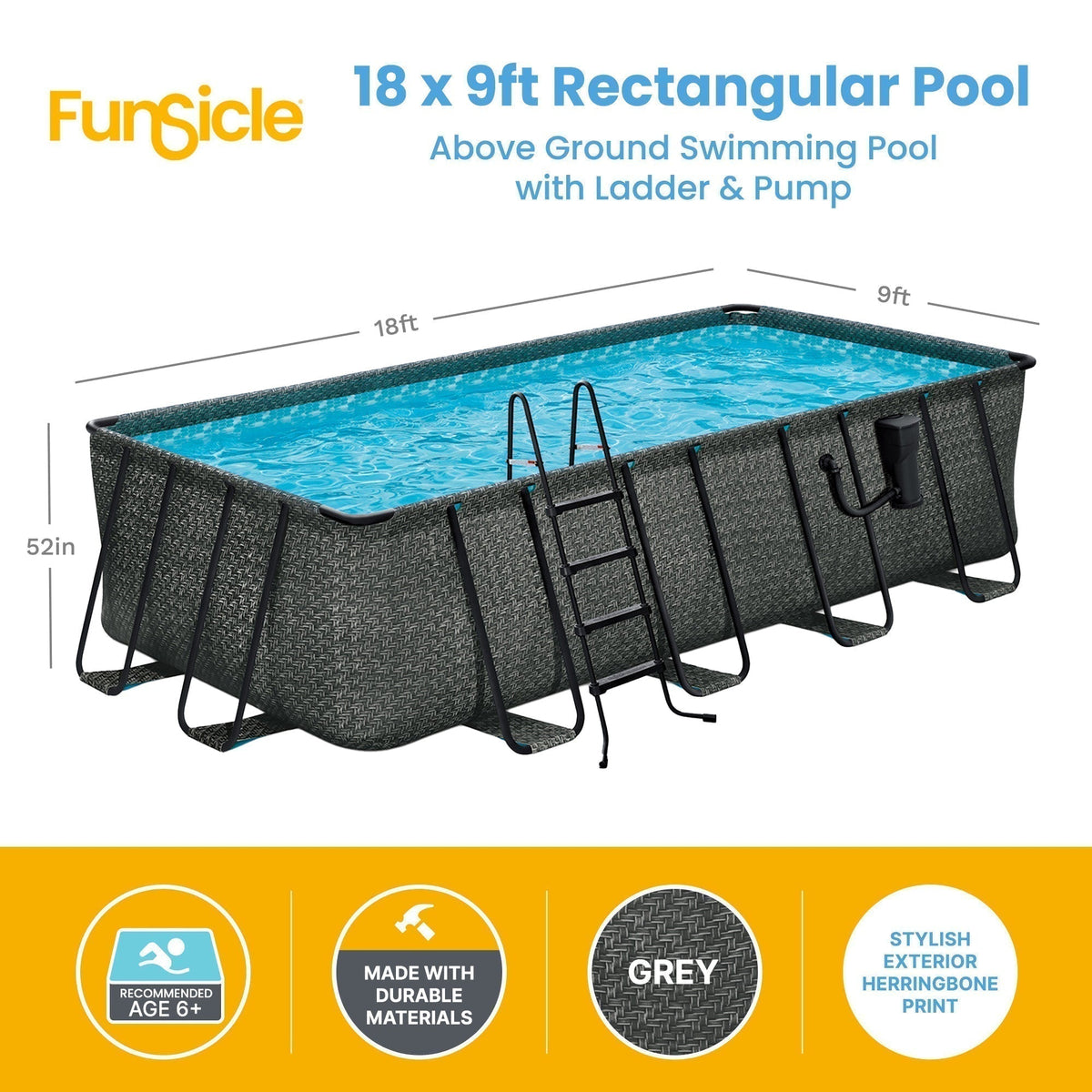 Funsicle 18' x 9' x 52" Oasis Rectangular Swimming Pool Set with 18' Cover - Prioka