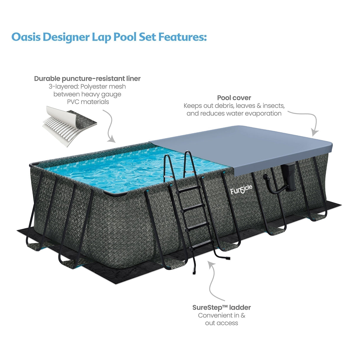 Funsicle 18' x 9' x 52" Oasis Rectangular Swimming Pool Set with 18' Cover - Prioka