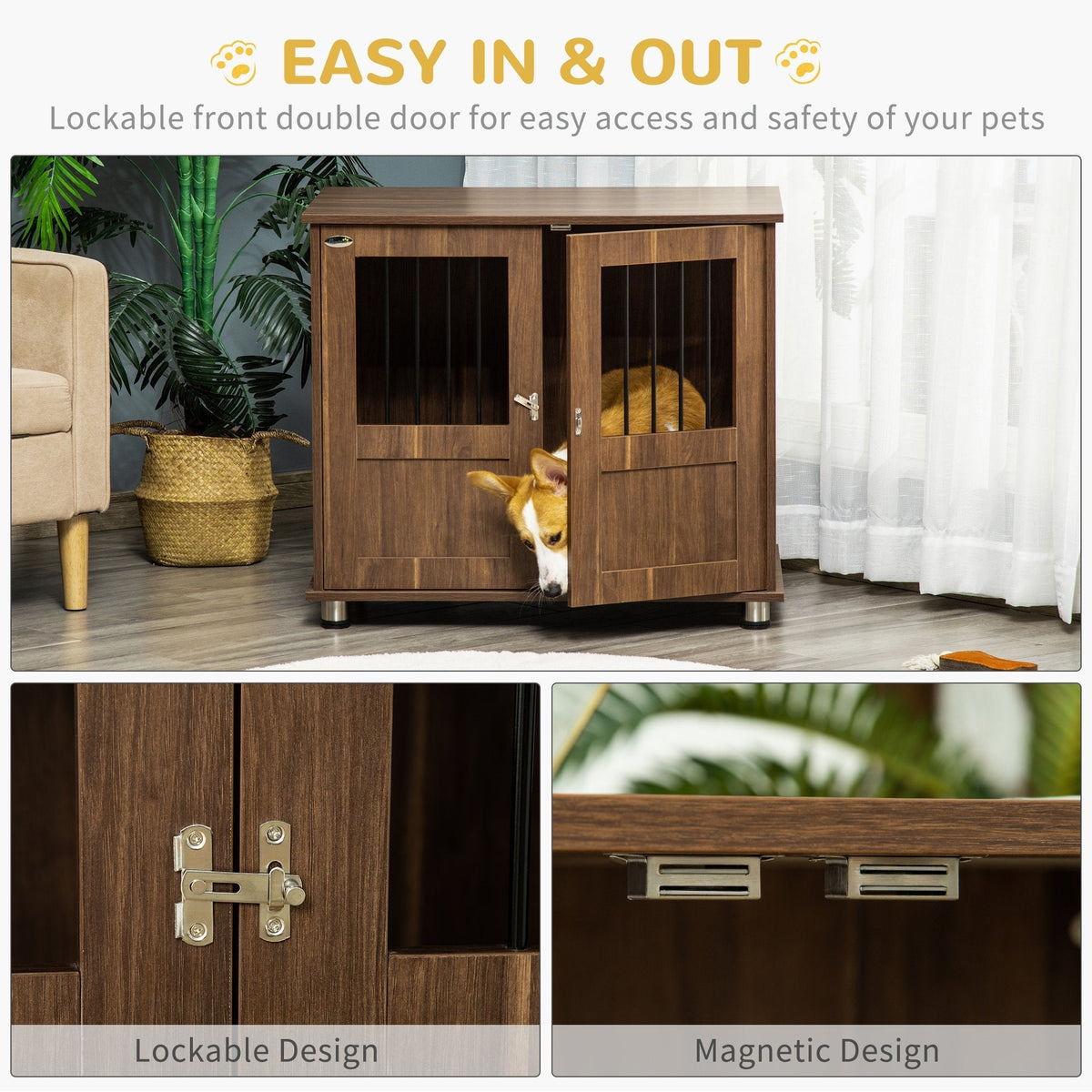 Furniture Style Dog Crate, Wooden & Wire End Table, Small & Medium Pet Crate with Magnetic Double Door Indoor Decorative Dog Kennel Cage, Brown - Prioka