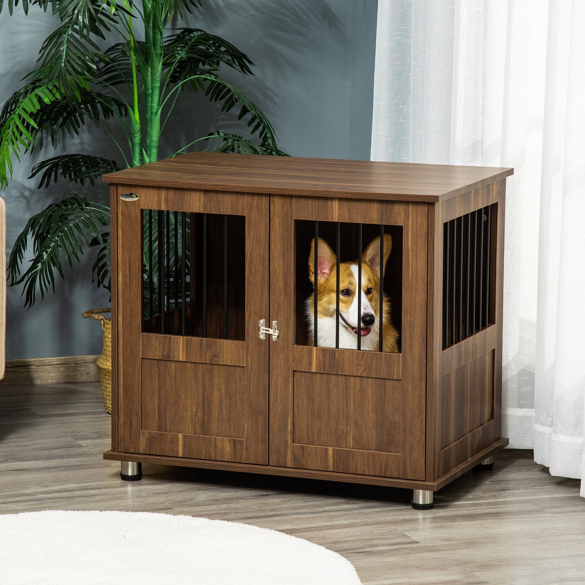 Furniture Style Dog Crate, Wooden & Wire End Table, Small & Medium Pet Crate with Magnetic Double Door Indoor Decorative Dog Kennel Cage, Brown - Prioka