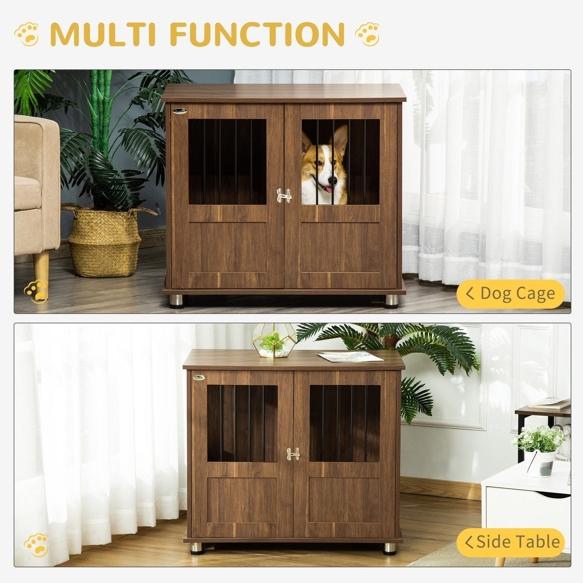 Furniture Style Dog Crate, Wooden & Wire End Table, Small & Medium Pet Crate with Magnetic Double Door Indoor Decorative Dog Kennel Cage, Brown - Prioka