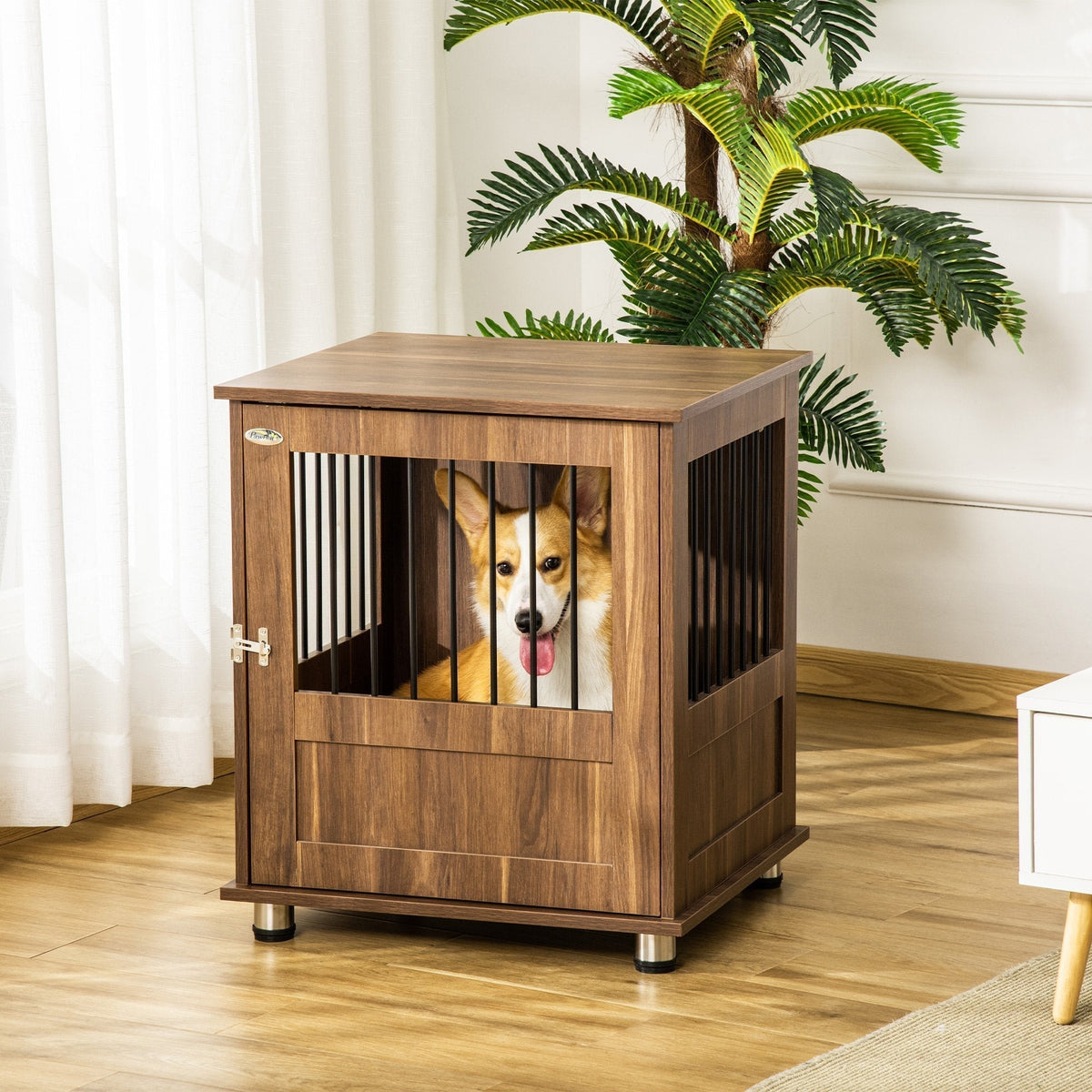 Furniture Style Dog Crate, Wooden & Wire End Table, Small Pet Crate with Magnetic Door Indoor Decorative Dog Kennel Cage, Brown - Prioka