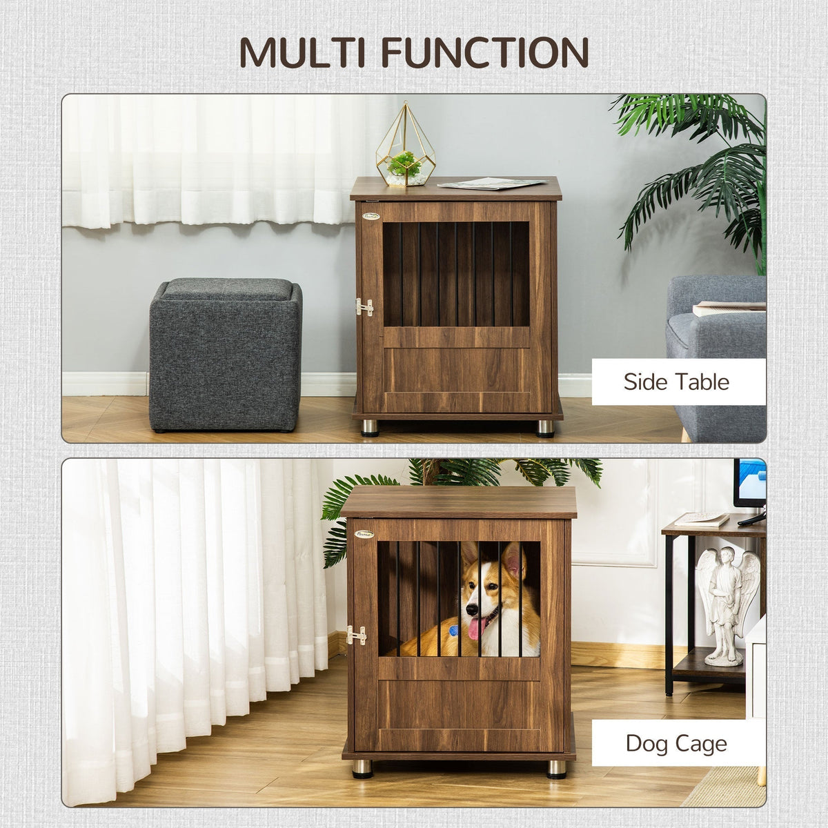 Furniture Style Dog Crate, Wooden & Wire End Table, Small Pet Crate with Magnetic Door Indoor Decorative Dog Kennel Cage, Brown - Prioka