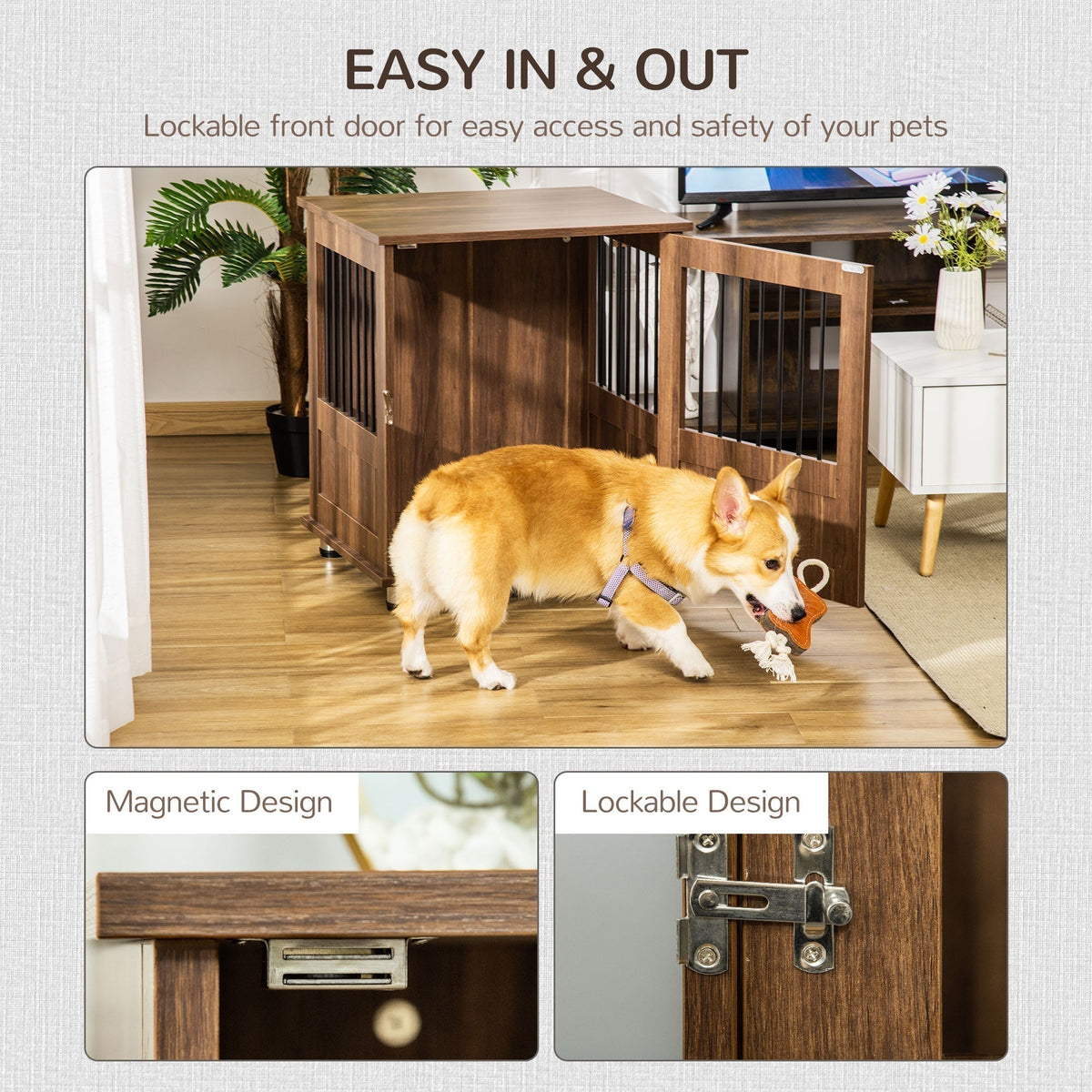 Furniture Style Dog Crate, Wooden & Wire End Table, Small Pet Crate with Magnetic Door Indoor Decorative Dog Kennel Cage, Brown - Prioka