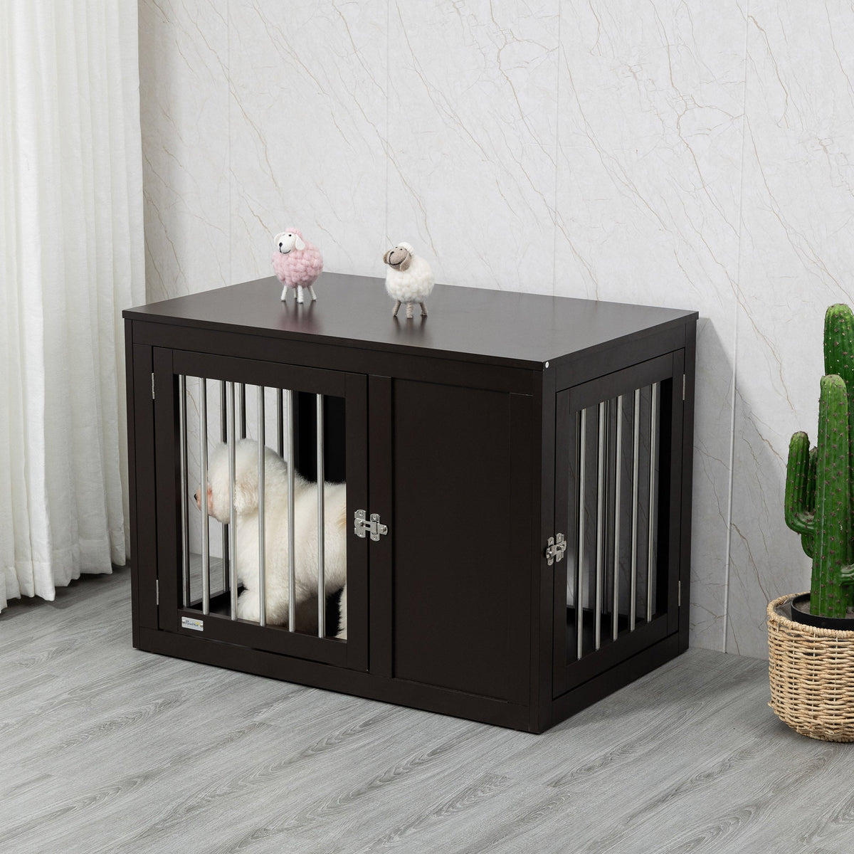 Furniture Style Indoor Dog Crate, End Table Pet Cage Kennel with Double Doors, and Locks, for Medium Dogs, Coffee - Prioka
