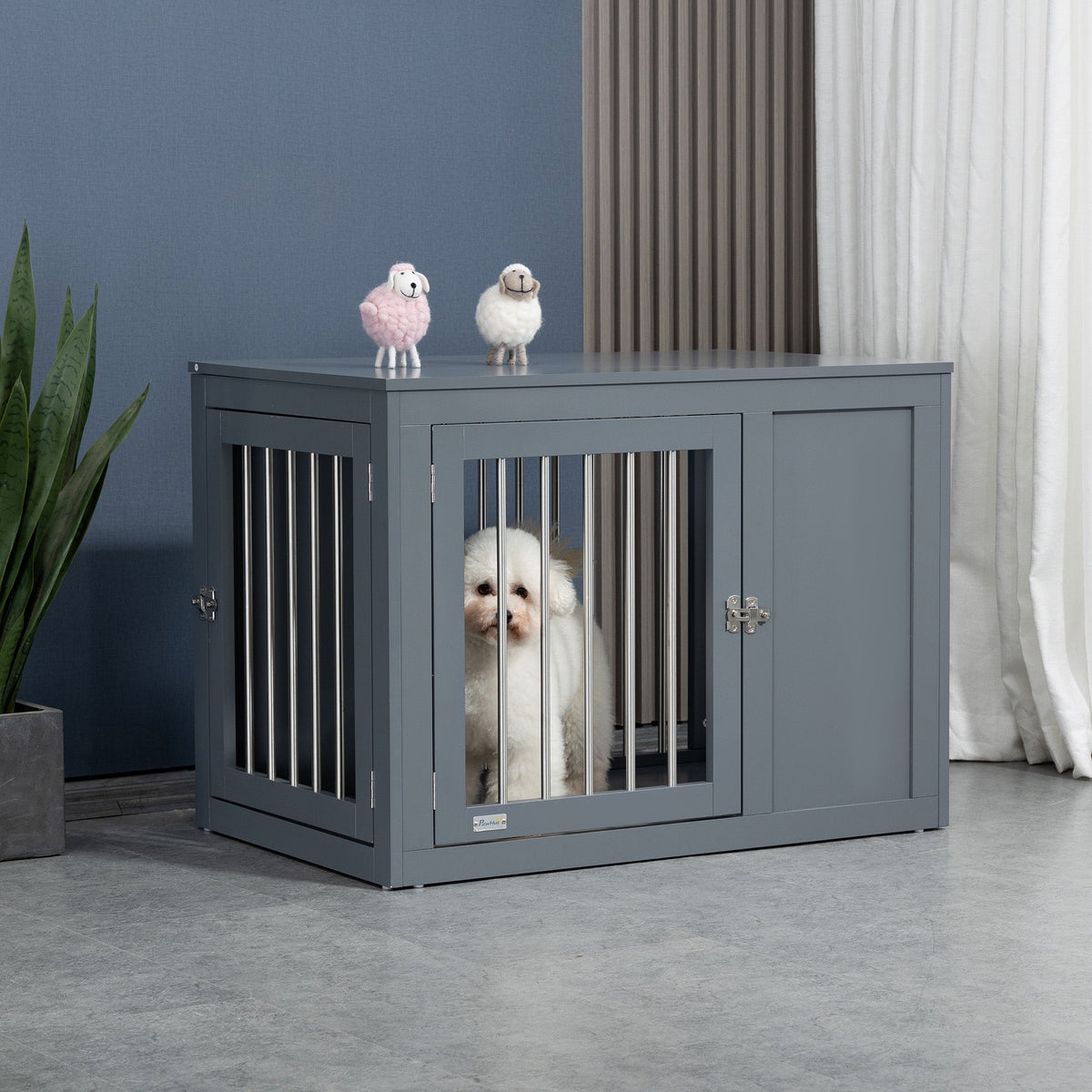 Furniture Style Indoor Dog Crate, End Table Pet Cage Kennel with Double Doors, and Locks, for Medium Dogs, Grey - Prioka