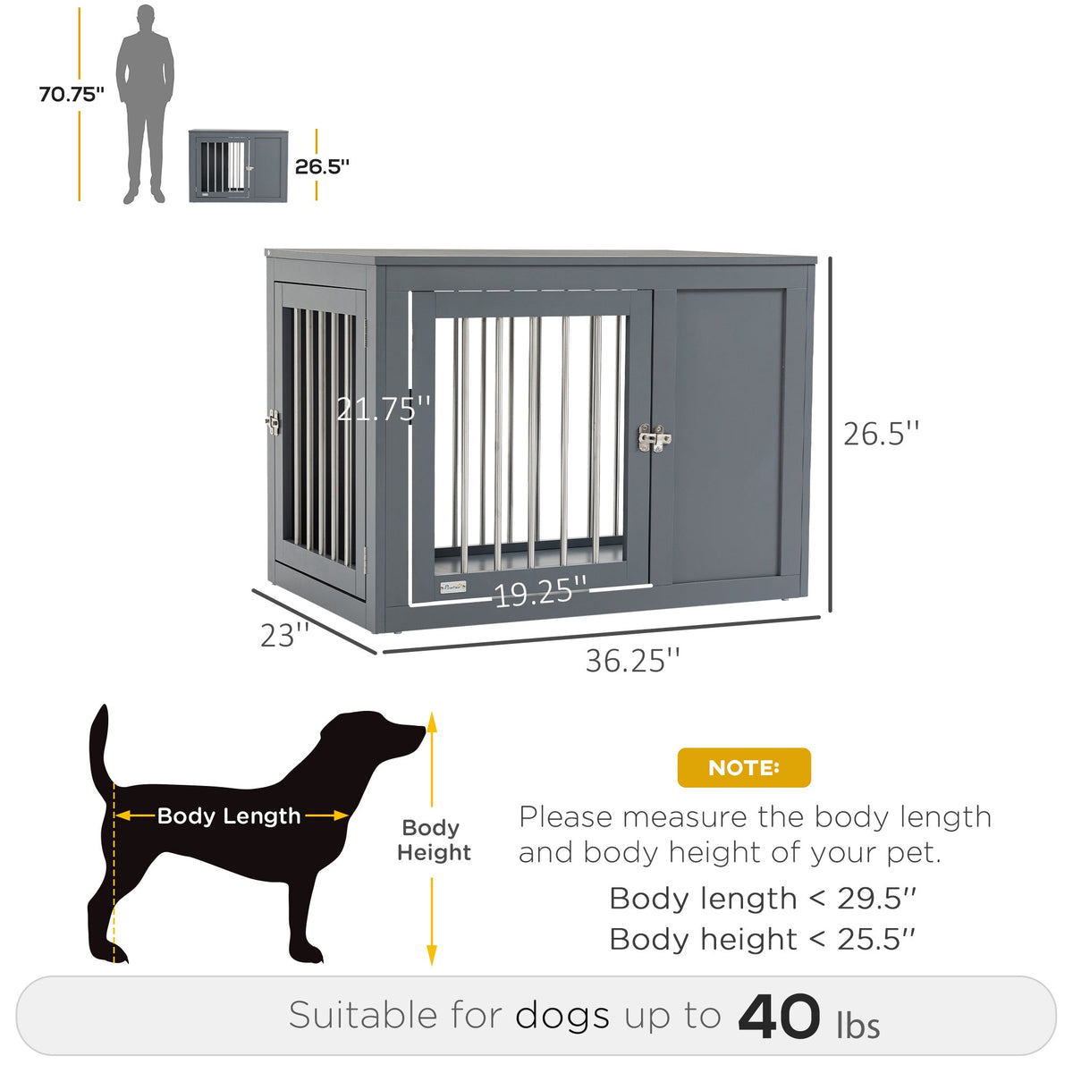 Furniture Style Indoor Dog Crate, End Table Pet Cage Kennel with Double Doors, and Locks, for Medium Dogs, Grey - Prioka