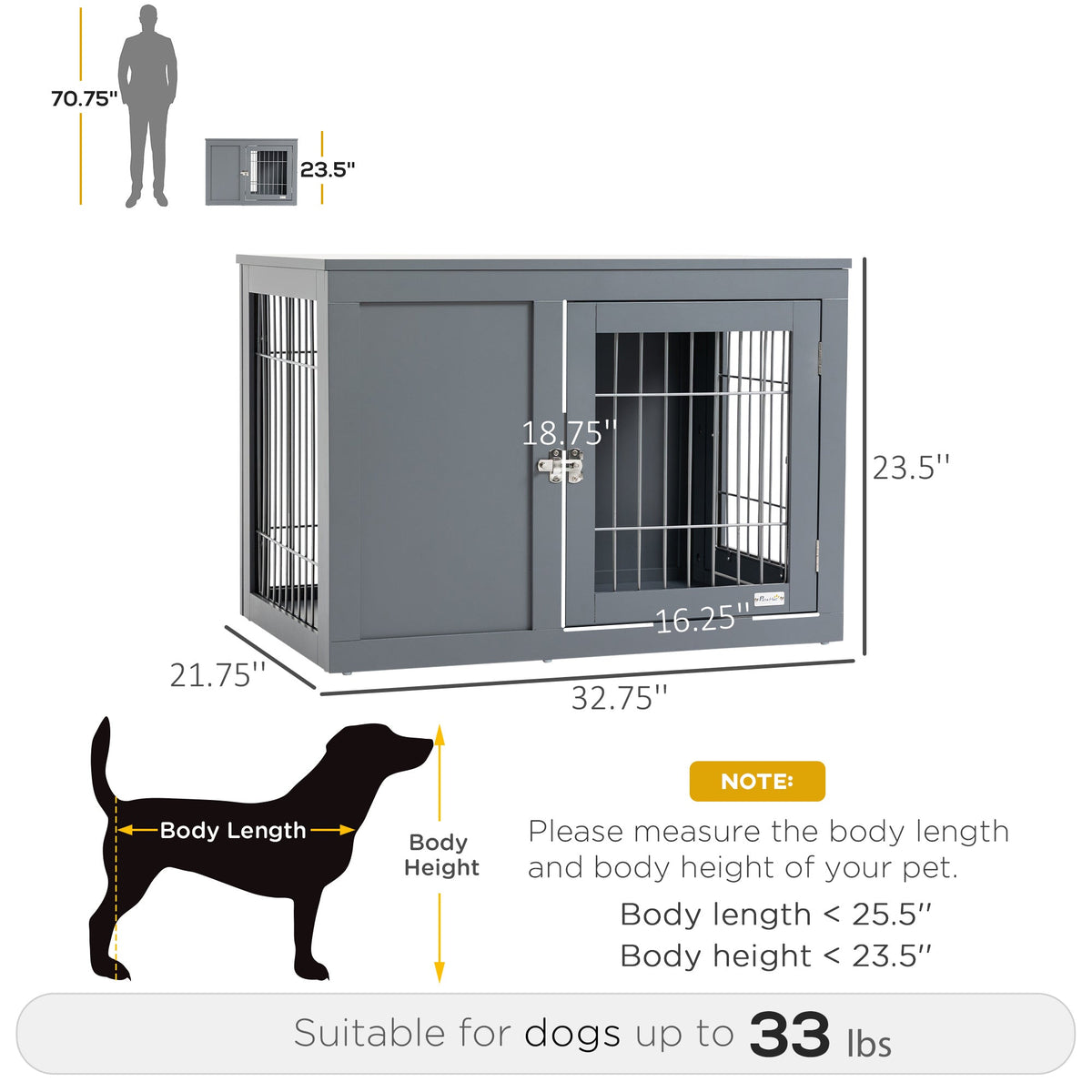 Furniture Style Indoor Dog Crate, End Table Pet Cage Kennel with Double Doors, and Locks, for Small and Medium Dogs, Grey - Prioka