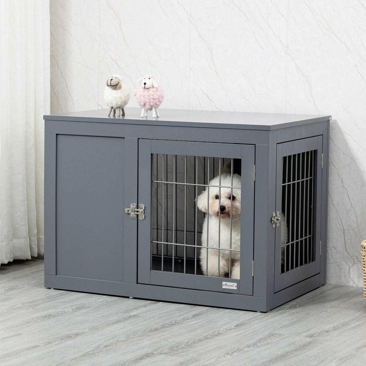 Furniture Style Indoor Dog Crate, End Table Pet Cage Kennel with Double Doors, and Locks, for Small and Medium Dogs, Grey - Prioka