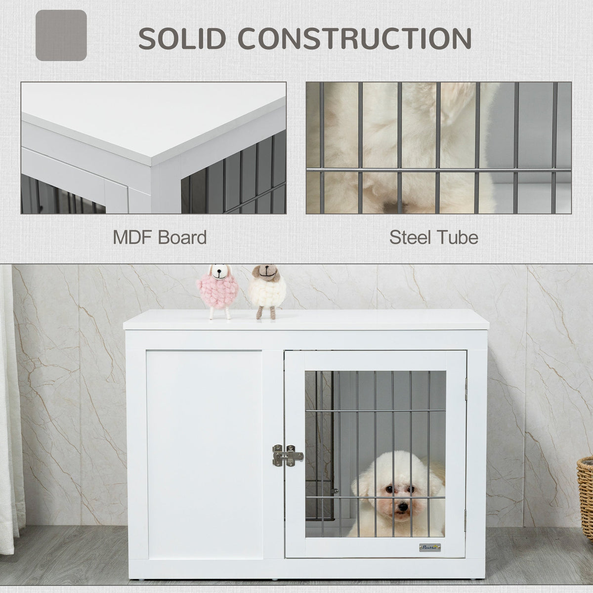 Furniture Style Indoor Dog Crate, End Table Pet Cage Kennel with Double Doors, and Locks, for Small and Medium Dogs, White - Prioka