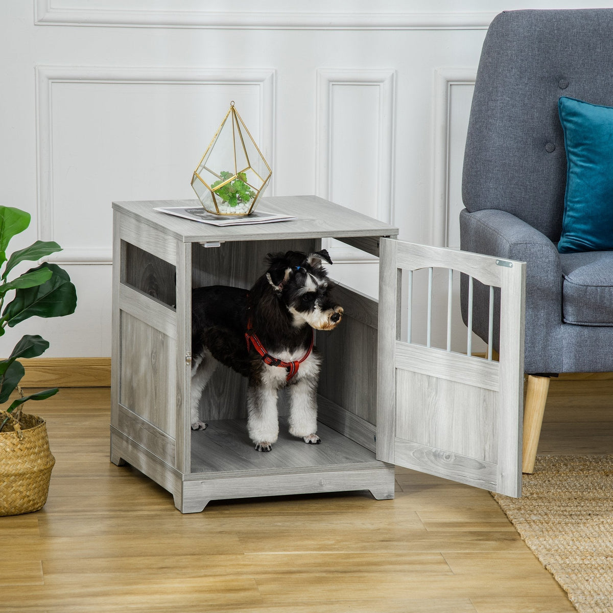Furniture Stylish Dog Kennel, Wooden & Wire End Table with Cushion & Lockable Door, Miniature Size Pet Crate Indoor Puppy Cage, Grey - Prioka