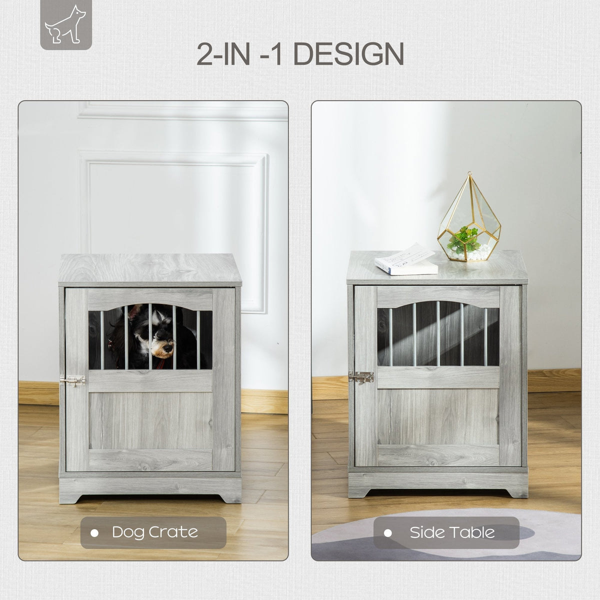 Furniture Stylish Dog Kennel, Wooden & Wire End Table with Cushion & Lockable Door, Miniature Size Pet Crate Indoor Puppy Cage, Grey - Prioka