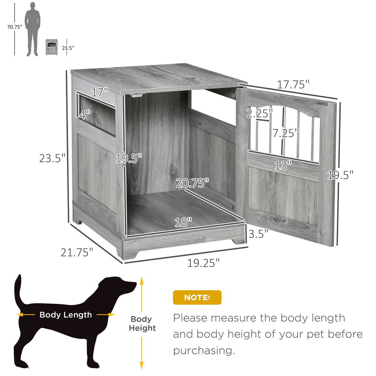 Furniture Stylish Dog Kennel, Wooden & Wire End Table with Cushion & Lockable Door, Miniature Size Pet Crate Indoor Puppy Cage, Grey - Prioka
